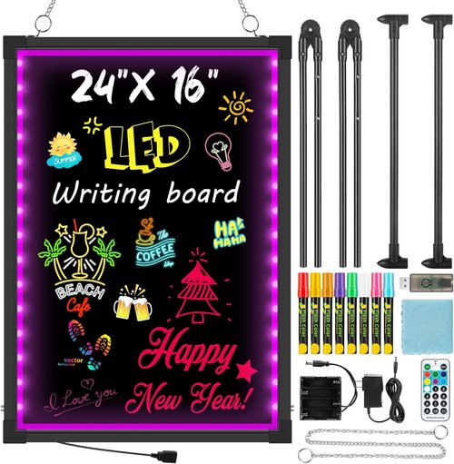 LED Menu Board - 24" x 16" Illuminated Writing Board with Remote Control & Neon Effect | Includes 8 Chalk Markers & Eraser