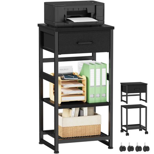 Korfile Printer Stand with Storage, Small Rolling Printer Table for Home Office, 3-Tier Printer Cart with Wheels, Modern Industrial Nightstand with Drawer, Side Table for Living Room,Bedroom, Black