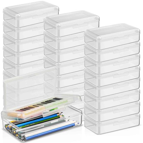 Blulu 25 Pack Double Layer Pencil Boxes Set, Large Capacity Plastic Pencil Cases with Snap-Tight Lid Plastic Pen Storage for Operation Christmas Donation Supplies Stationery Office Home(Clear)