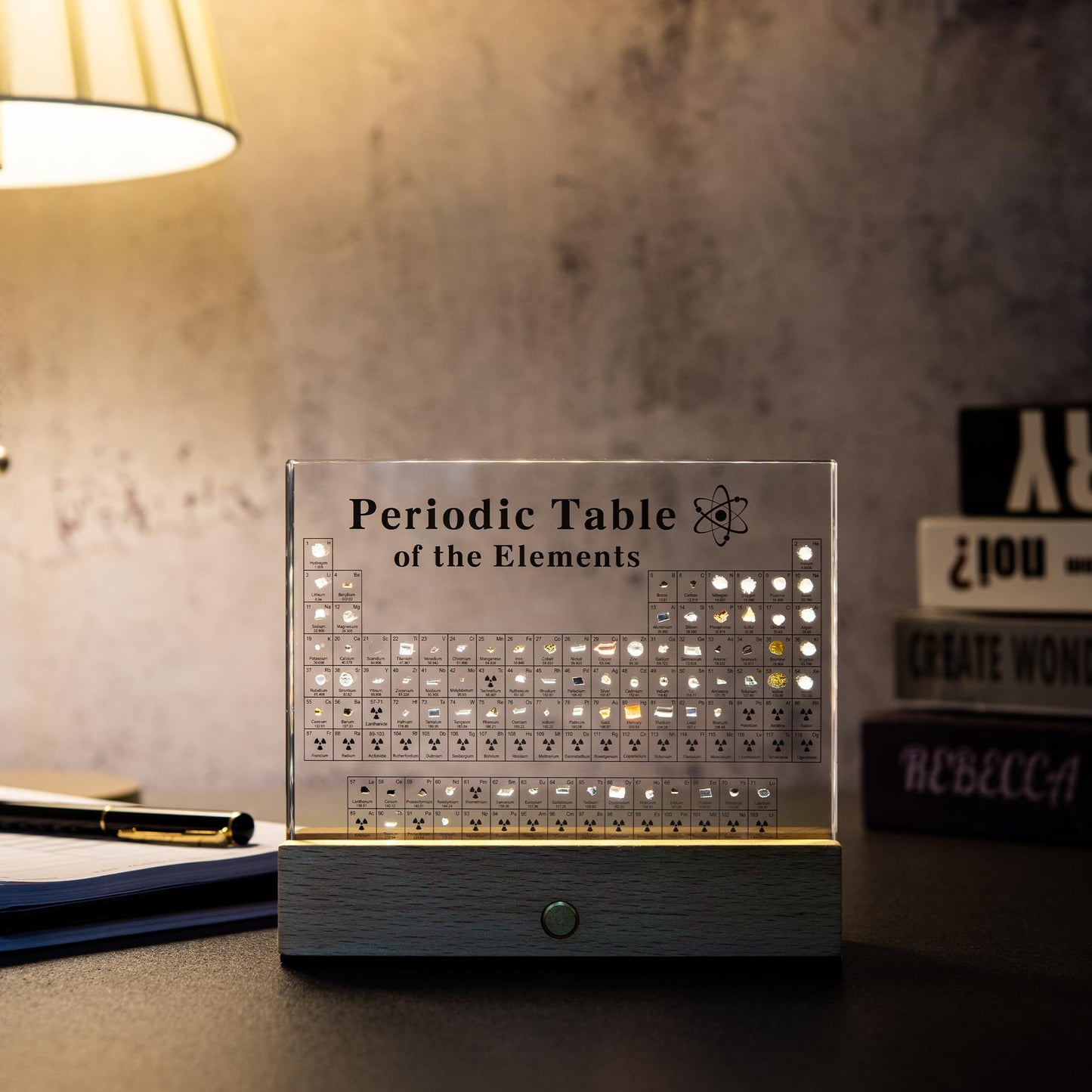 MegaBox Large Periodic Table Of Elements with 83 Real Elements, Acrylic Periodic Table Display With Wooden Stand, 6x Chemistry Formula Reference Cards, Science Teacher Gift Classroom (Large (8.0 x 6.5 in))