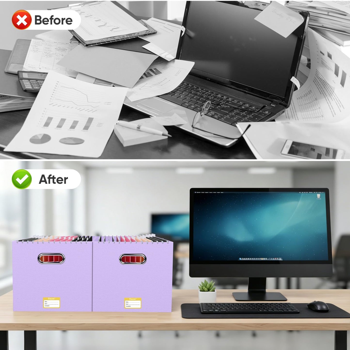BALEINE File Organizer Box, Cardboard File Folder Organizer with Handle for Letter Size, Portable Collapsible Hanging Filing Box for Home Office Document Storage (2 Pack, Large Lavender)