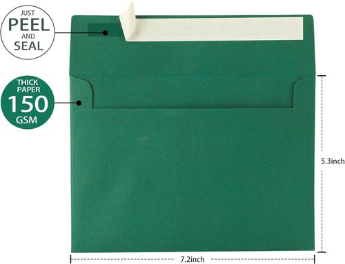 Green Envelopes - 50 Pack A7 Dark Green 5 x 7 Inch | 120gsm Paper for Invitations & Gifts