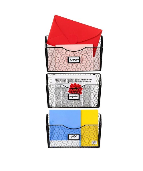 JINGWAYS Magazine Rack,Magazine Holder,3 Pockets Hanging File Organizer,Mesh Rack, Folder and Mail Holder for Wall, Tag Slot,literature,catalogs,mail,letters,charts,brochures notebooks