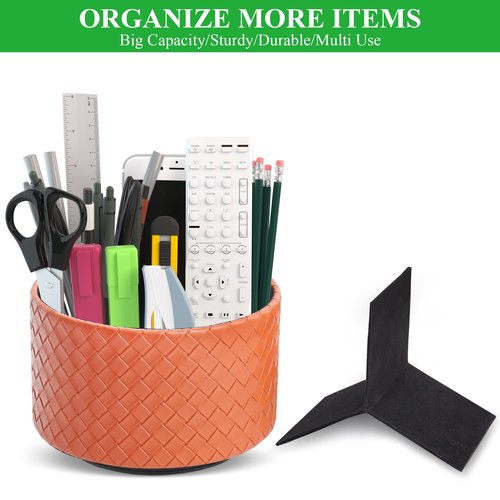 Haecsfl Classic Elegant Round Leather Art Supply Organizer with 3 Compartments, 360-degree Rotating Pen Organizer, Brown
