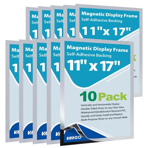 VAIIGO 10Packs Magnetic Sign Holder, 11x17 Self Adhesive Display Frame with Strong Magnetic Frame and Clear PVC for Office Store Home Door Window Refrige Magnetic Paper Holder, Silver