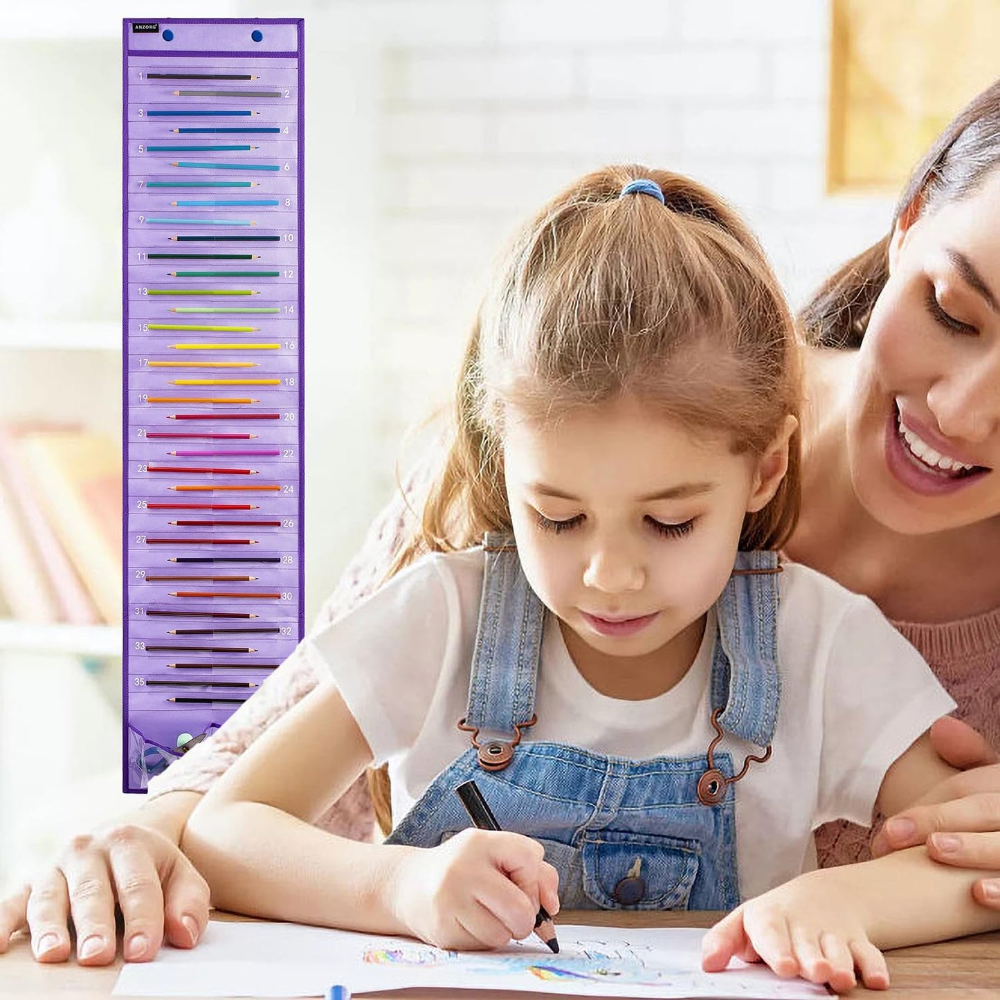 Skiennix Hanging Pencil Holder - Classroom Organizer with Numbered Pockets | 2 Pack - Purple