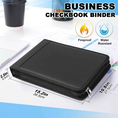 Henoyso 3 Rings Fireproof Business Check Binder with Zipper 1.5 Inch D Rings 3 on a Page Fit 3 & 9 Holes Check 600 Sheets Capacity Organizer Binder for Office Storage End Stub Deskbook(Black)