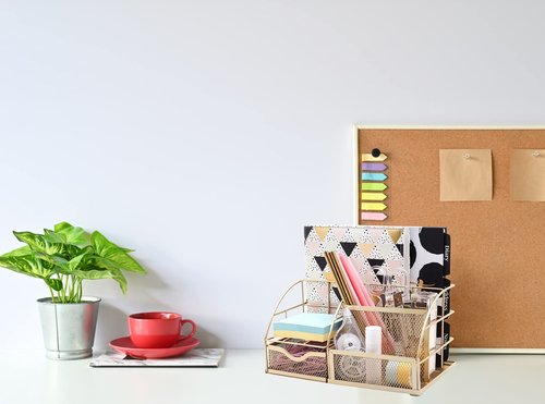 Exerz Desk Organizer Golden Office Desk Accessories Supplies Office Storage Desktop Pencil Pen Holder with Drawer Home Workspace