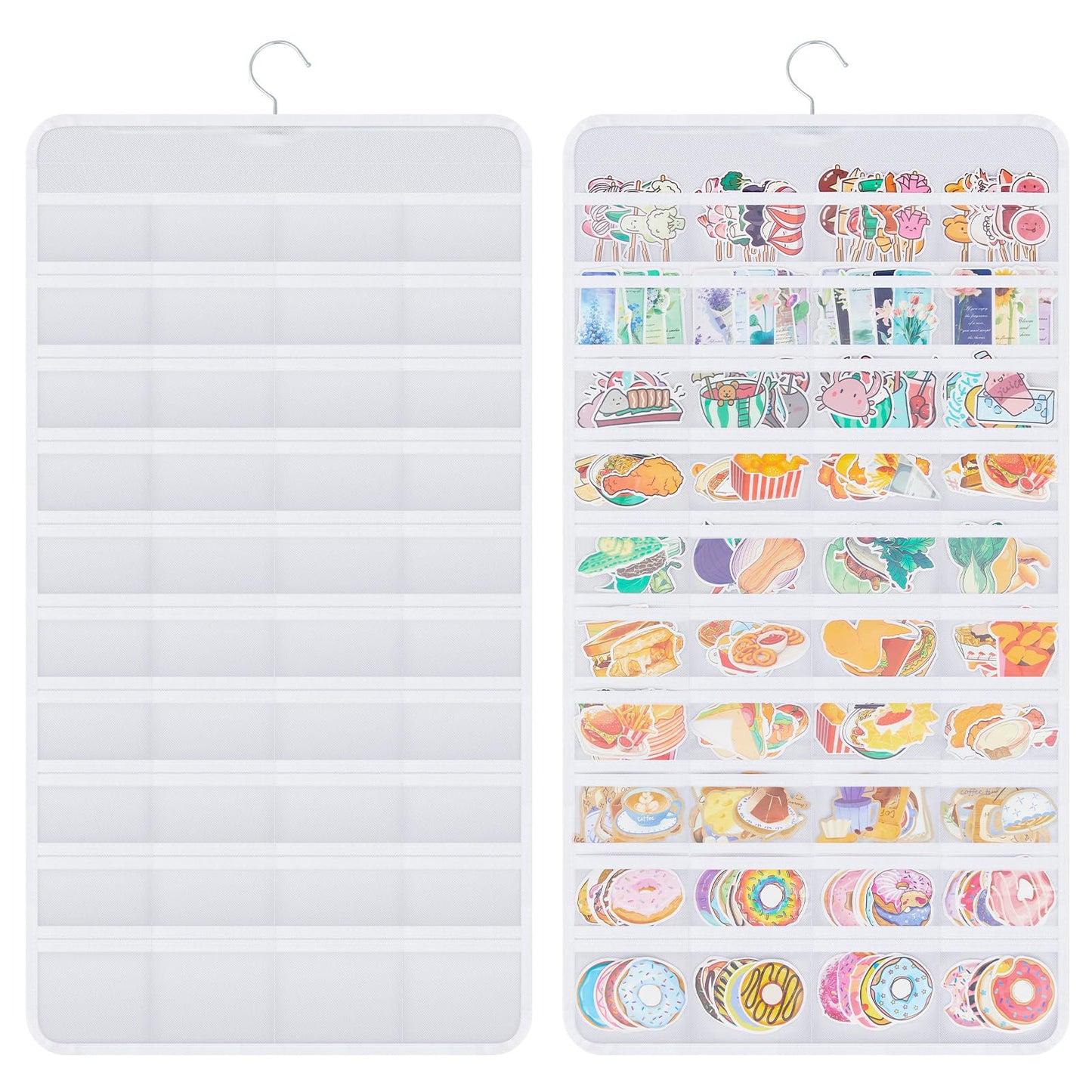 Faccito 1 Pcs White Hanging Sticker Display Organizer, Double-sided 80 Pocket for 4'' Large Stickers Storage, Portable Wall-hanging Decal Chart Holder for Vendors Collectors Trade Shows
