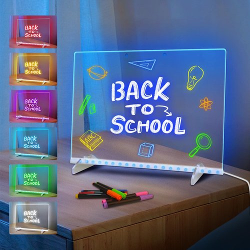 LED Note Board with 7 Colors, Includes Adapter, 13"x10" Led Drawing Board for Kids with Invisible Stand, Light Up Dry Erase Board with 7 Markers, Soft Cloth, Hanging Chain, Holiday Trend Gift