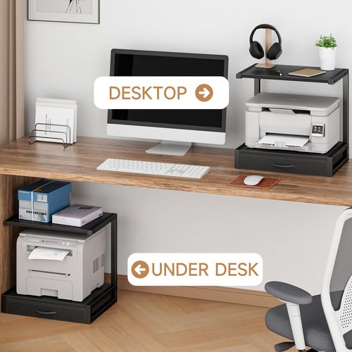 YAOHUOO 2-Tier Desktop Printer Stand with Fabric Drawer, Prtiner Table with Storage Shelf, Desk Organizer for Home Office,3D Printer,Fax Machine,Scanner, 17.3"x11.8" Black