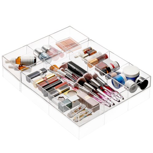 Peohud 2 Pack Acrylic Drawer Organizer Tray, 6/3 Section Clear Makeup Tray Organizer for Drawer, Junk Drawer Storage for Office Desk Supplies and Accessories