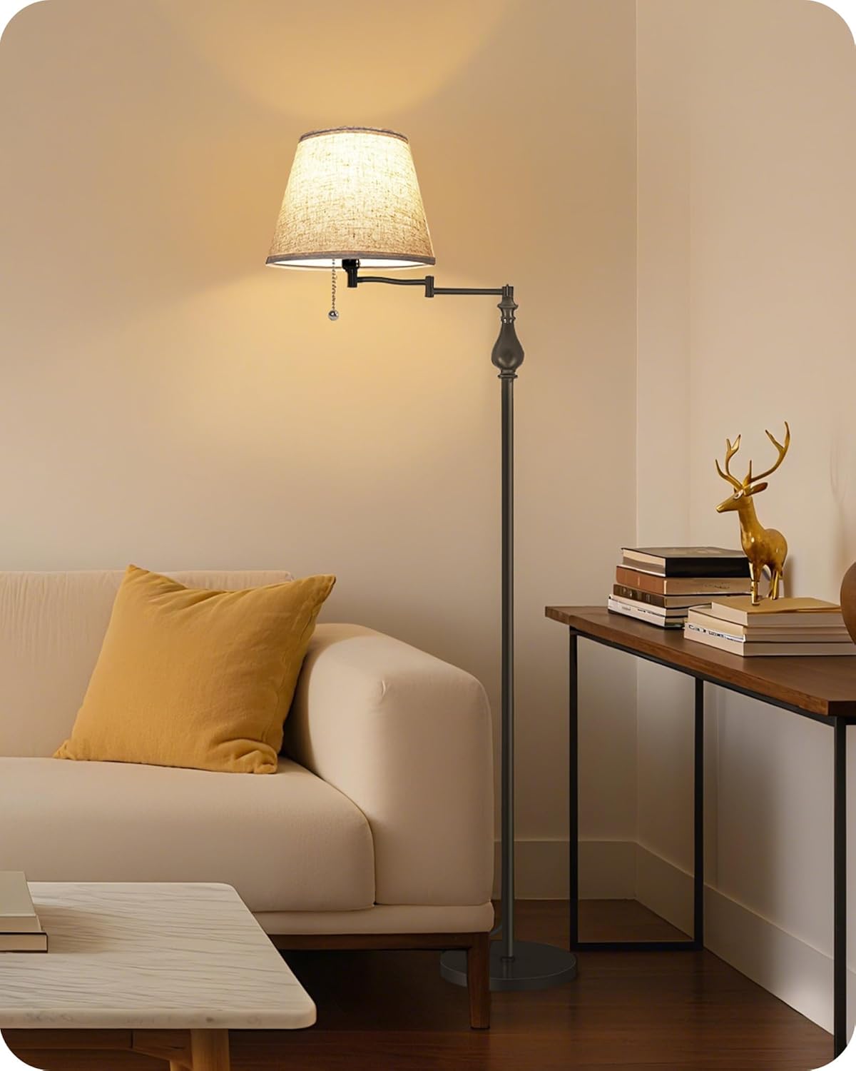 Skiennix Mid-Century Modern Floor Lamp - Adjustable Swing Arm & Pull Chain Switch - Antique Design for Living Room, Bedroom, Office