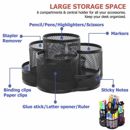 Jaugufiy 360 Rotatable Metal Mesh Desktop Pen Holder Pencil Holder Pencil Organizer Stationery Organizer Pen Pot Makeup Brush Organizer for Home School Office (Black)