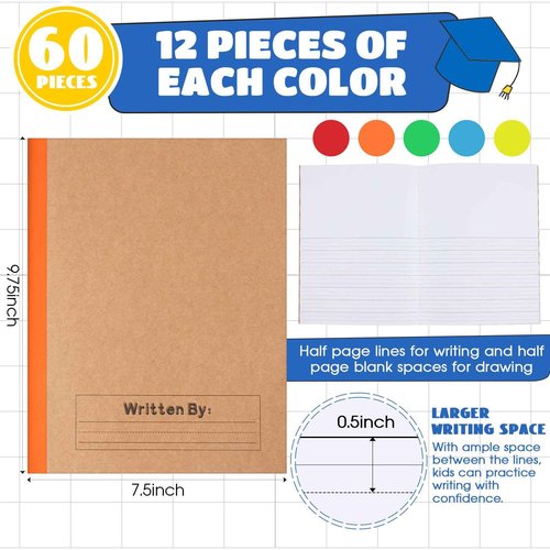 Henoyso 60 Pack Bulk Primary Composition Notebooks for Kids - Wide Ruled Journal with Picture Space, 60 Pages, Rainbow Spine, 9.75 x 7.5 in for Office, School, Journaling, Back to School Supplies