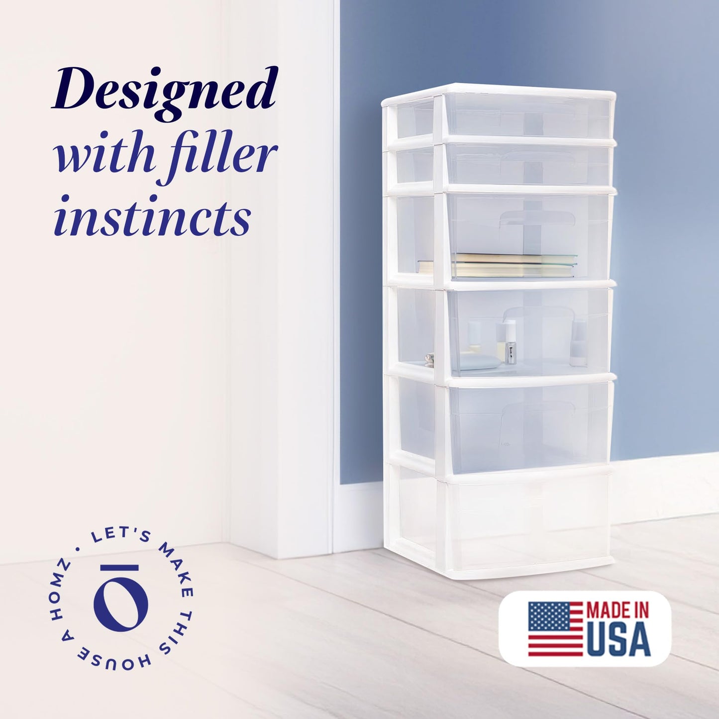 HOMZ 1-Pack Drawer Tower, 6-Tier Clear Plastic Storage Organizer Cart, White Frame - Heavy-Duty Organizing Drawers for Home, Bedroom, and Closet Organization