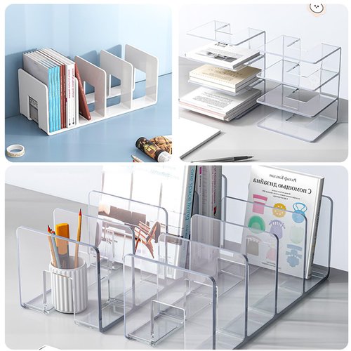 Zhousensen 2PCS Acrylic File Organizer for Desk, Desktop Document/Mail Organizer, 4 Compartments Plastics Invisible Bookshelf Floating (12.5" x 5.7" x 5", Black)