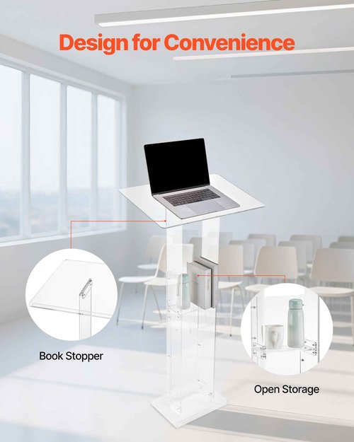 VEVOR Podium Stand, 50-Inch Acrylic Lectern, Portable Laptop Desk with Wide Reading Surface and Storage Shelf, Book Stopper, Floor-Standing, for Classroom, Wedding, Conference, Lecture and Concert