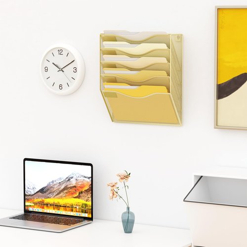 JessYo Office 5 Pocket Mesh Wall File Holder Hanging Folder Organizer Wall Mounted Magazine Document Rack, Gold