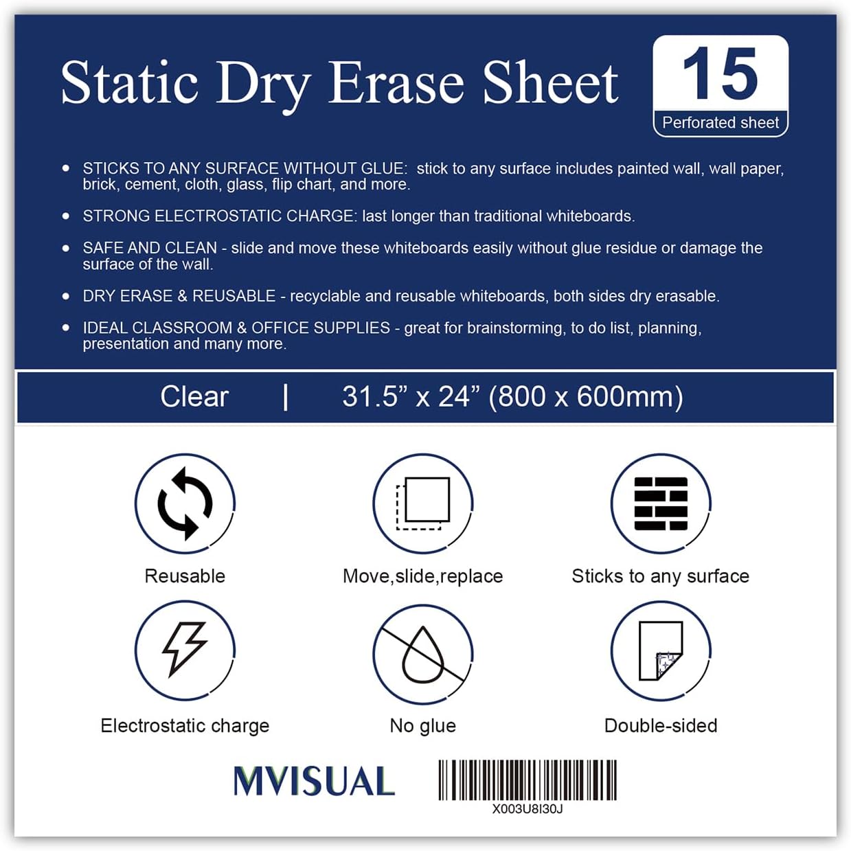 Skiennix Static Dry Erase Sheets - 15 Pack Transparent Whiteboard Wallpaper | 31.5 x 24 Inch