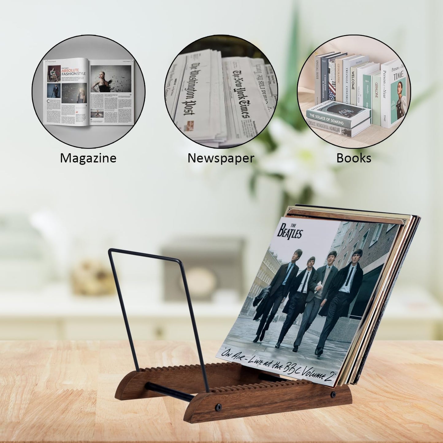 Extra-Large Vinyl Record Storage Holder Modern Album Display Solid Wood Stand with Black Metal Rack Home Decor Organizer for Vinyl Record, Holds up to 75 Albums, 14.2''L x 8.1''W x 10.7''H
