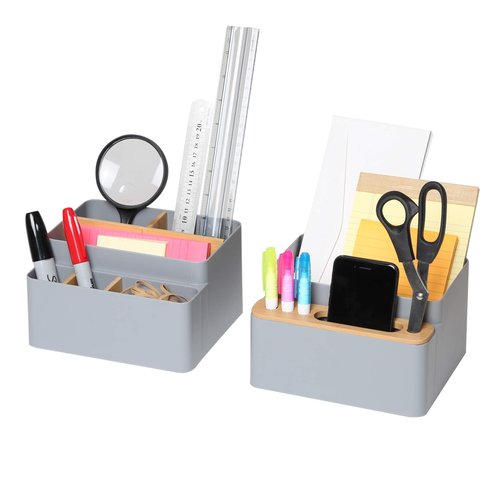 Seville Classics Bamboo Premium Organizer Storage Bins for Kitchen Silverware, Pantry, Closet, Office Desk, Pens, Utensils, Makeup, K Cup, Bamboo/Gray, Desk Caddy