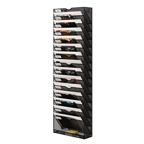 Senhoglb 16 Tier Hanging Wall File Holder, Metal A4 Wall Mounted Document Holder, Vertical Hanging Mail Organizer, Magazine Storage Rack with Tray for Office Home Classroom, Black