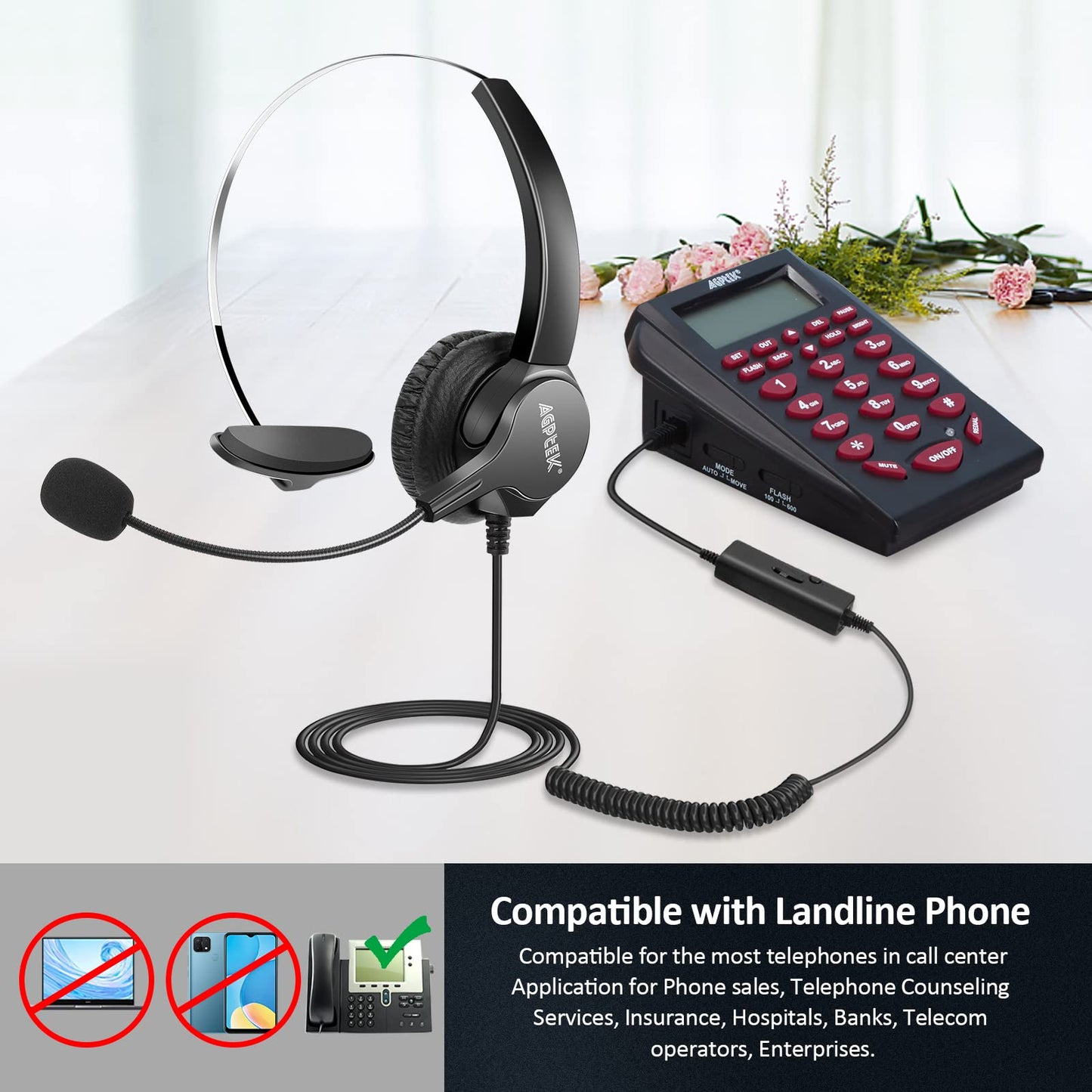 AGPTEK® Hands-Free Call Center Noise Cancelling Corded Monaural Headset Headphone for Desk Telephone with 4-Pin RJ9 Crystal Head