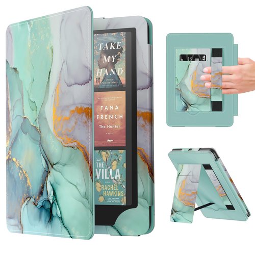 Famavala Slim Foldable Stand Case for 7" inch 2024 with Auto Wake/Sleep, Hand Strap; not fit for Kobo Libra (Green Marble)
