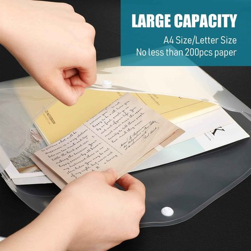 Zhehao 200 Pack Clear Envelopes A4 Plastic Folder with Snap Closure Button Bulk Letter Size Poly Document File Folder Pouch Organizer for Office Home, Transparent