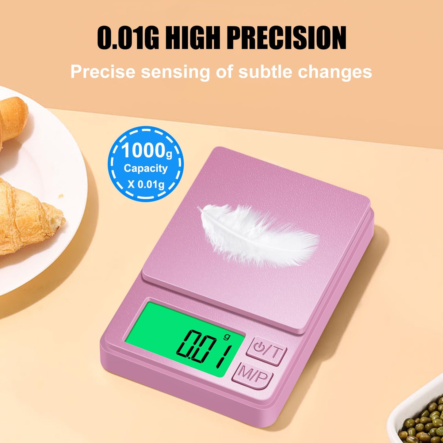 Diyife 1000g Digital Pocket Gram Scale 0.01g Accuracy, Mini Jewelry Scale with Protective Cover, 7 Units, Tare Function, LCD Display, Suit for Jewelry, Powder, Pink