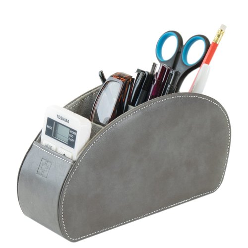 Remote Control Holder with 5 Compartments, Grey PU Leather Office Organization Storage Caddy Box for TV Remote, Heater Controllers, Media Player, Office Supplies, Makeup Brushes CEG10