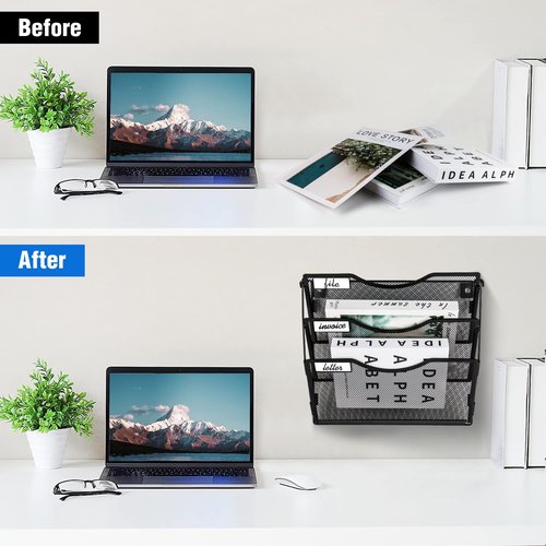 BOHDK Wall File Organizer 3 Pockets, Mail Organizer, Hanging Folder Holder, Foldable | Hanging or Wall Mounted | Label Panel | 2 Hooks | Office Home School Organizer, Black