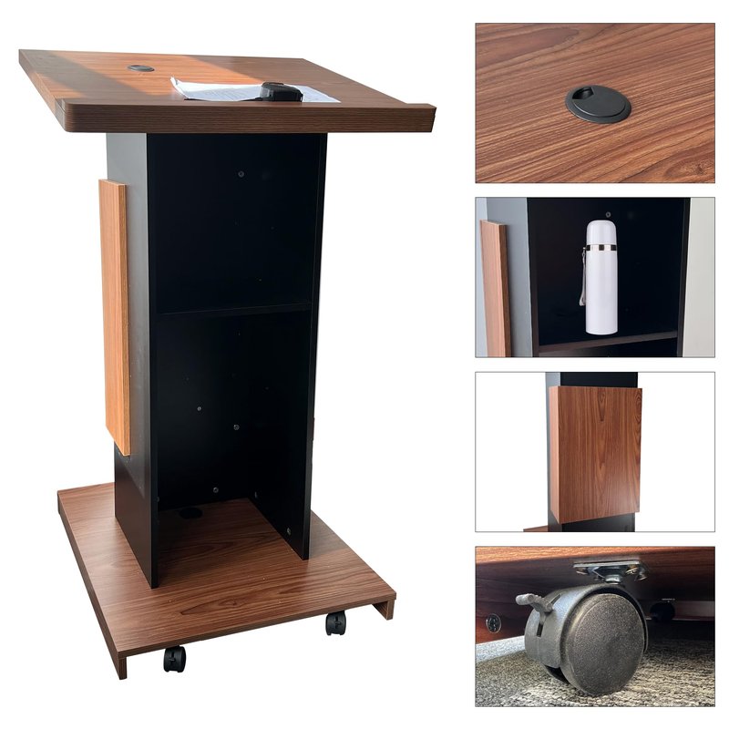 Wood Podium,Podium Stand with Wheels,15MM Particle Board,Pulpit with Storage,Mic Stand Space,Wooden Lectern for Restaurants,Churches,Seminars and Schools
