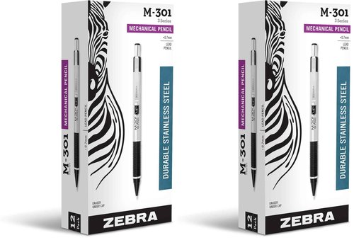 Zebra Pen M-301 Mechanical Pencil, Stainless Steel Barrel, Medium Point, 0.7mm, Black Grip, 24-Pack