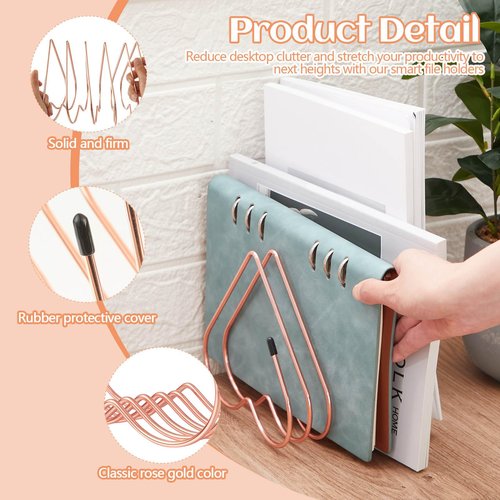 Willinglong 2 Pcs Rose Gold File Organizer for Desk 5 Slot Heart Shaped Gold File Divider Vinyl Record Organizer Desk Book Storage Rack Desktop Metal Magazine Holder Bookshelf for Home Office
