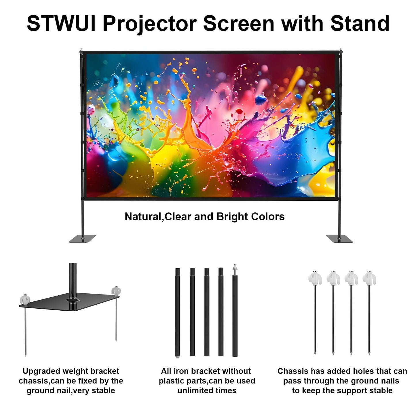 STWUI Outdoor Projector Screen with Stand - 120 Inch Portable Projector Screen Indoor and Outdoor Projector Screens 16:9 4K HD Wrinkle Free Lightweight Movie Screen with Carry Bag,Enioy Movie Nights