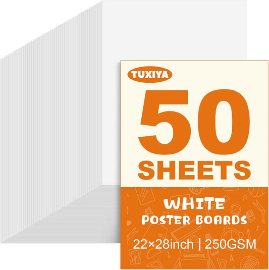 TUXIYA 50 Pack White Poster Board - 22" x 28" Heavyweight Blank Paper for Arts & Crafts Projects