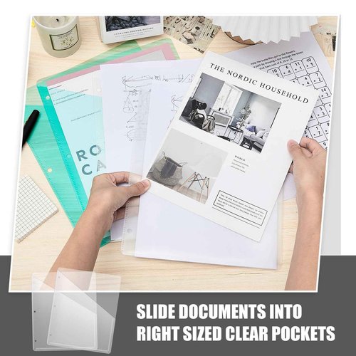 Seajan 100 Pcs Pocket Folders for 3 Ring Binder Clear Plastic Folders Sleeves with 2 Pockets 3 Hole Punch Binder Dividers Poly Slash File Jackets for Office School Document Organizer (White)