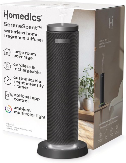 Homedics SereneScent Waterless Essential Oil Diffuser - Cordless Aromatherapy Machine for Large Rooms | Timer & App Control, Black