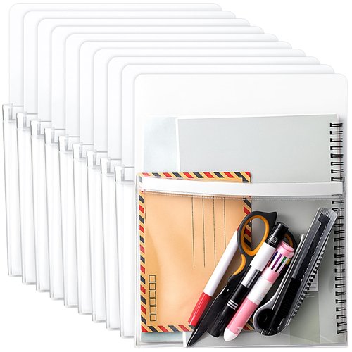 Henoyso 10 Pcs Magnetic File Holder Paper Holder Magnetic Pen Dry Erase Marker Organizer Fridge Pocket Organizer for Whiteboard Refrigerator, 12 x 9.5 in (White)