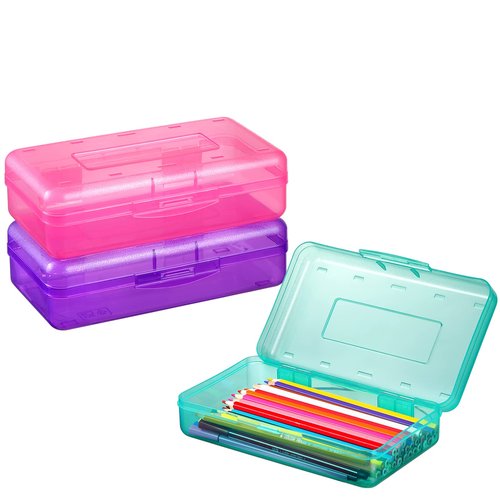 Sooez 3 Pack Pencil Case, Large Hard Pencil Box Bulk, Clear Crayon Box Marker Pen Organizer, Plastic Storage Container with Snap Lid, Stackable Art Craft Organizer Back to School Supplies