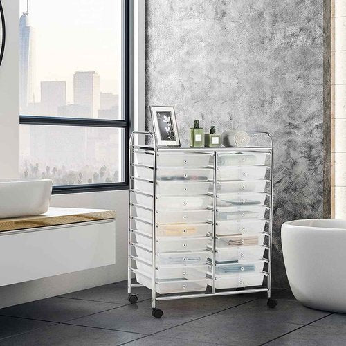 20-Drawer Rolling Storage Cart, Mobile Book Paper Organizer Utility Trolley with Wheels, Ideal for School, Office, Home (Clear)