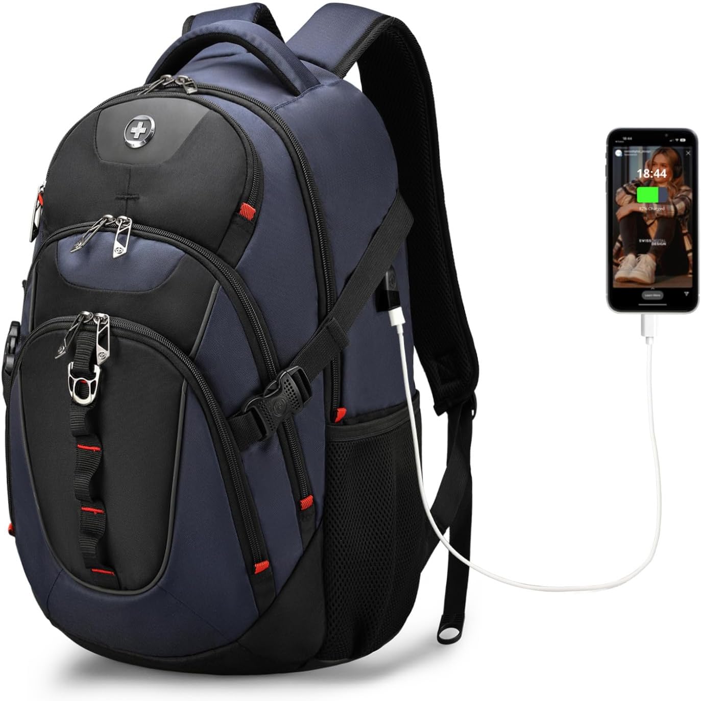 Swissdigital Laptop Backpack - USB Charging Port, Fits 15.6" Laptops, 31L Travel Bag for Men, Blue/Black | Water-Repellent SD803-12
