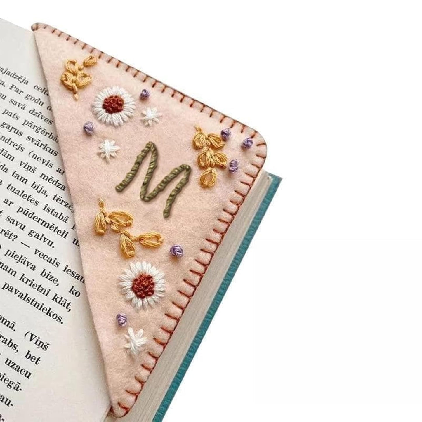 MOTEERLLU Personalized Hand Embroidered Corner Bookmark with A-Z Initial, Cute Book Markers for Reading Women, Book Lovers Gifts for Friends Mom & Teachers, 3.74"(Spring-m)