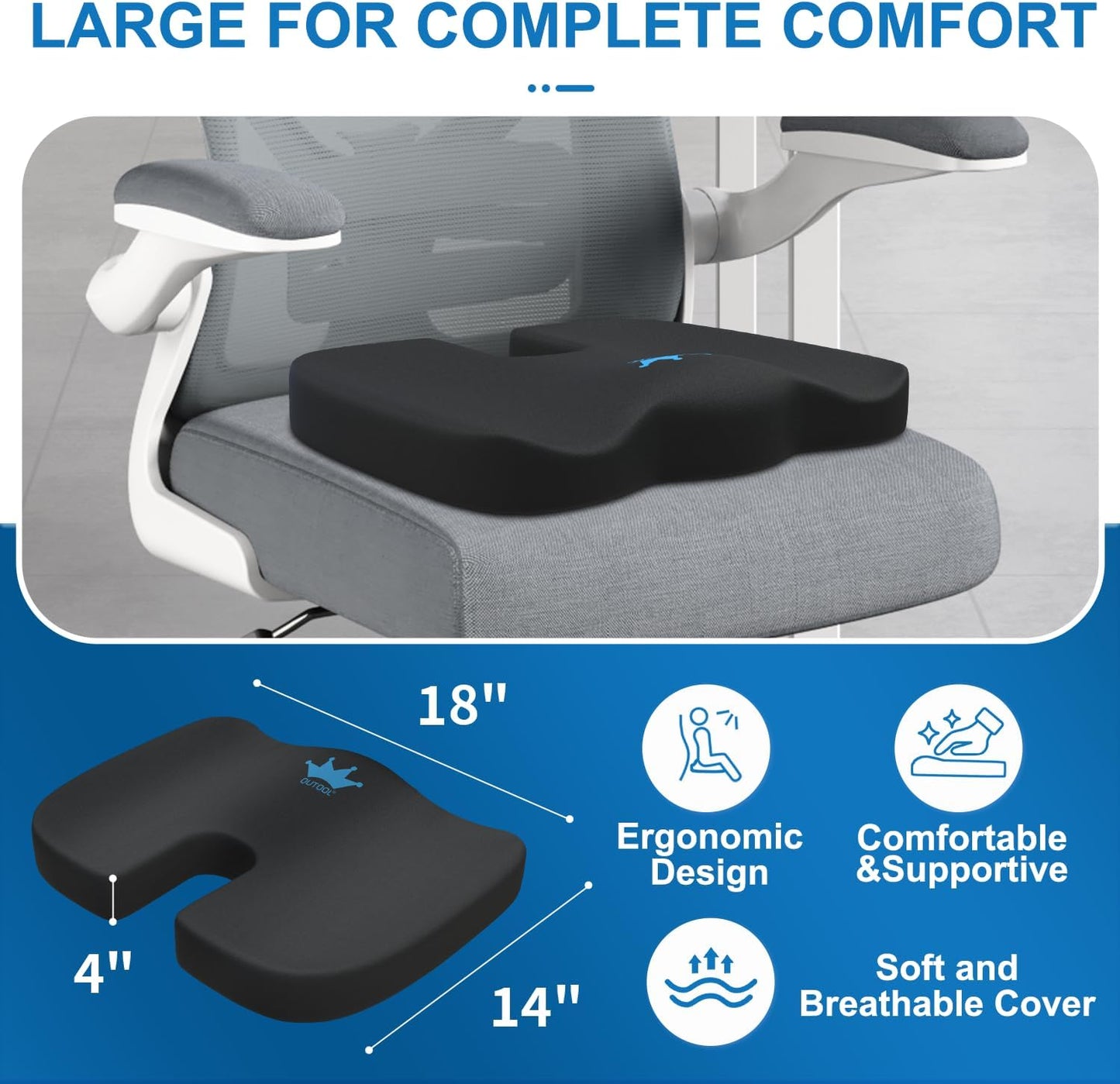 Skiennix Memory Foam Seat Cushion - Ergonomic Coccyx Support Pillow for Office & Car, Pain Relief (Medium Firm - Black)