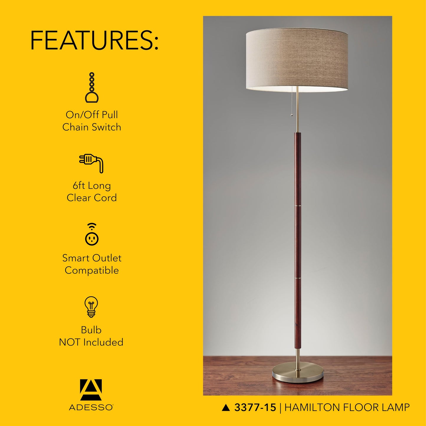 Adesso Floor Lamp with Natural Oak Veneer and Off-White Fabric Lampshade – 3-Way Adjustable Brightness, Lamp for Bedroom, Living Room, and House Décor, 60.25” x 21”
