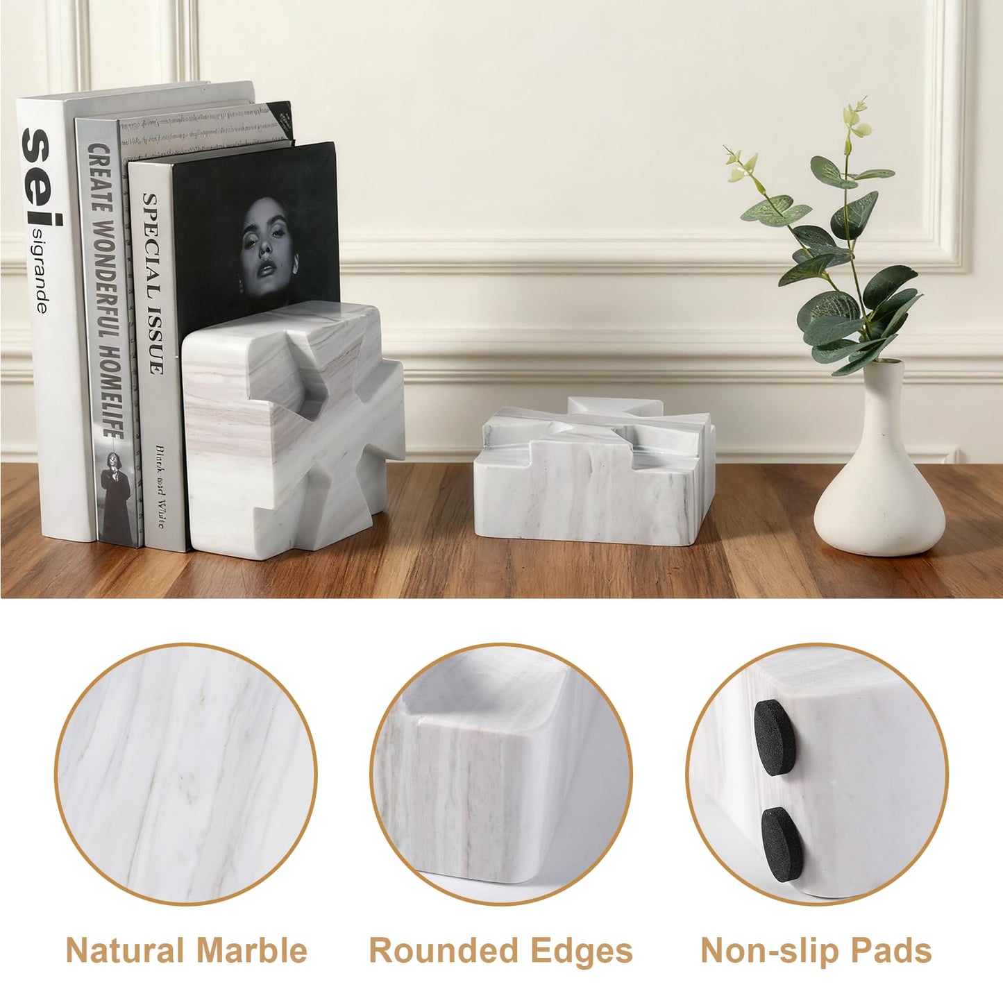 Decorative Square Marble Bookends for Heavy Books – Unique Book Ends for Shelves – Modern Aesthetic Book Holder/Stopper with Non-Slip Pads for Chic Home, Office, or Library Decor, Volakas