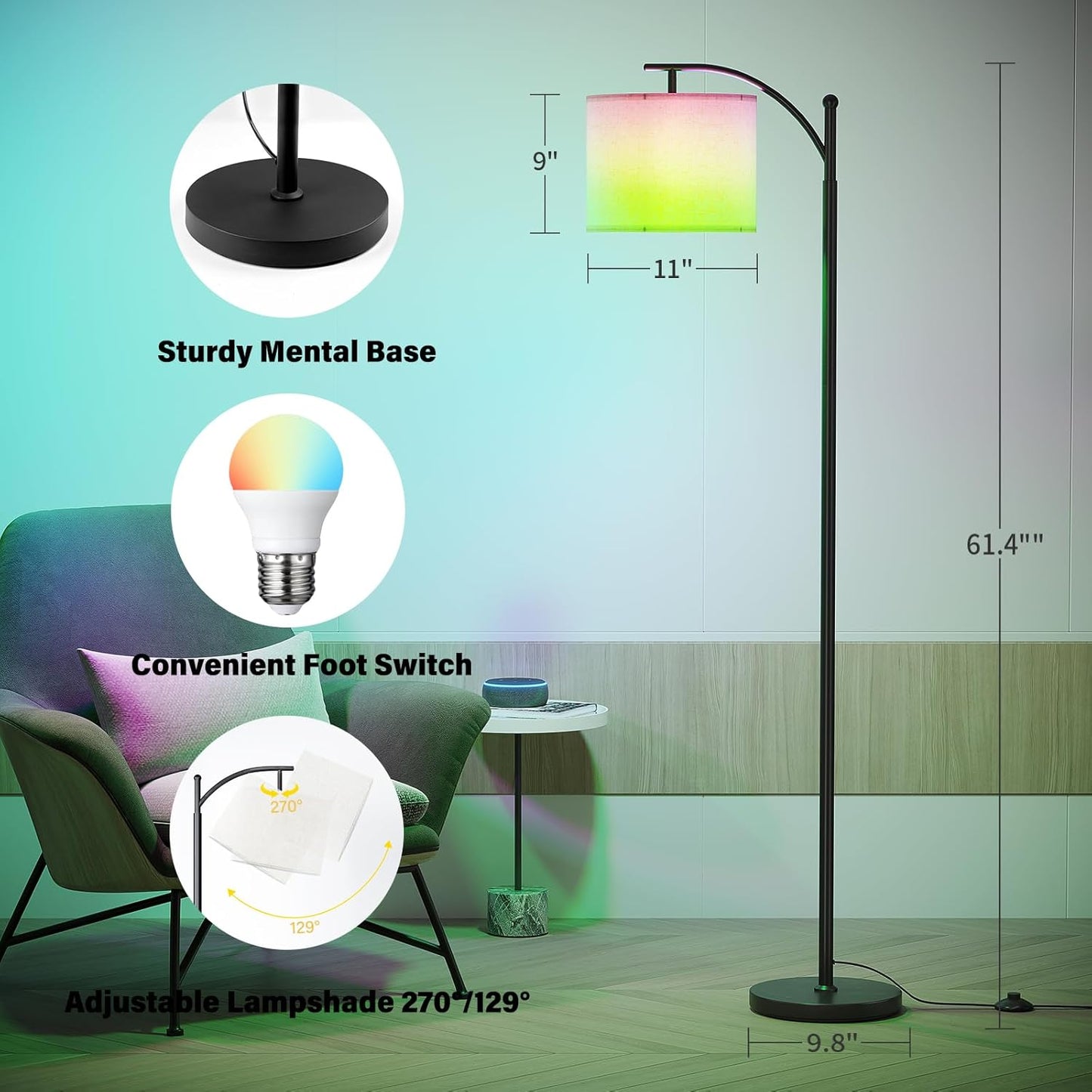 SUNMORY ARC Floor Lamp - Smart APP Remote Control with RGB Bulb | Dimmable Modern Design for Living Room, Bedroom, Office