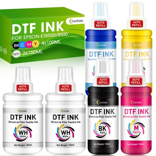 CenDale Upgraded Auto-Fill DTF Ink - 700ML DTF Transfer Ink for Epson ET-8550 ET-8500 Printers, Heat Transfer Printing Ink Set 100ml x 4 CMYK, 150 x 2 White (Anti-UV/ICC-Free)